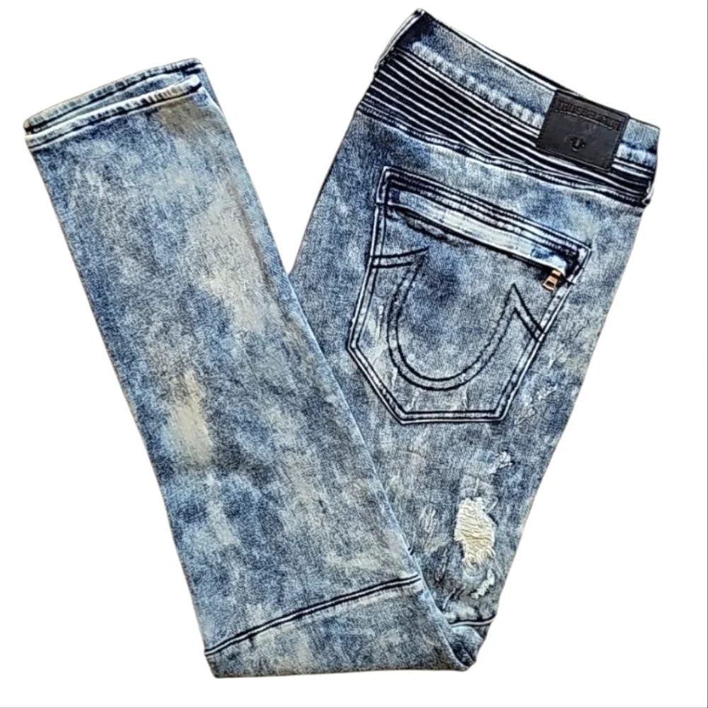 💥True Religion Blue Acid-Wash Rocco Rlxd Skinny Jeans. Men's Size: W40x34L